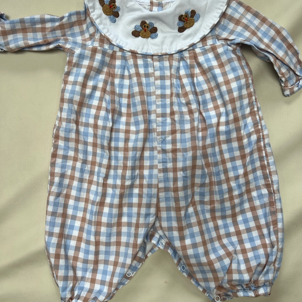 Plaid Kids One Piece with Embroidered turkeys